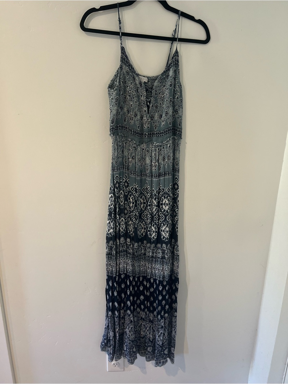 Patrons of Peace Blue and White Boho Spaghetti-Strap Maxi Dress